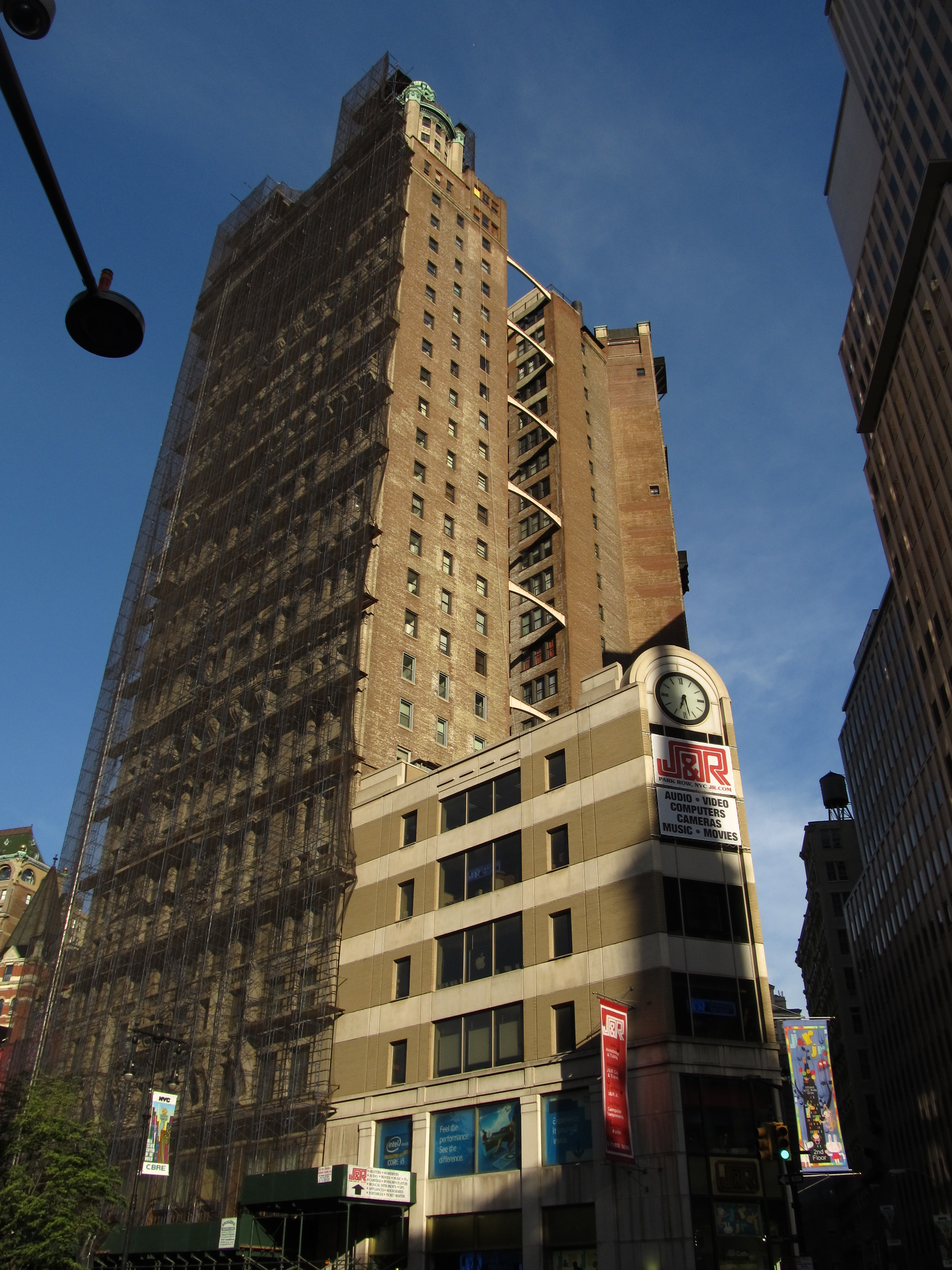 Park Row Building in Manhattan covered with building scaffolding