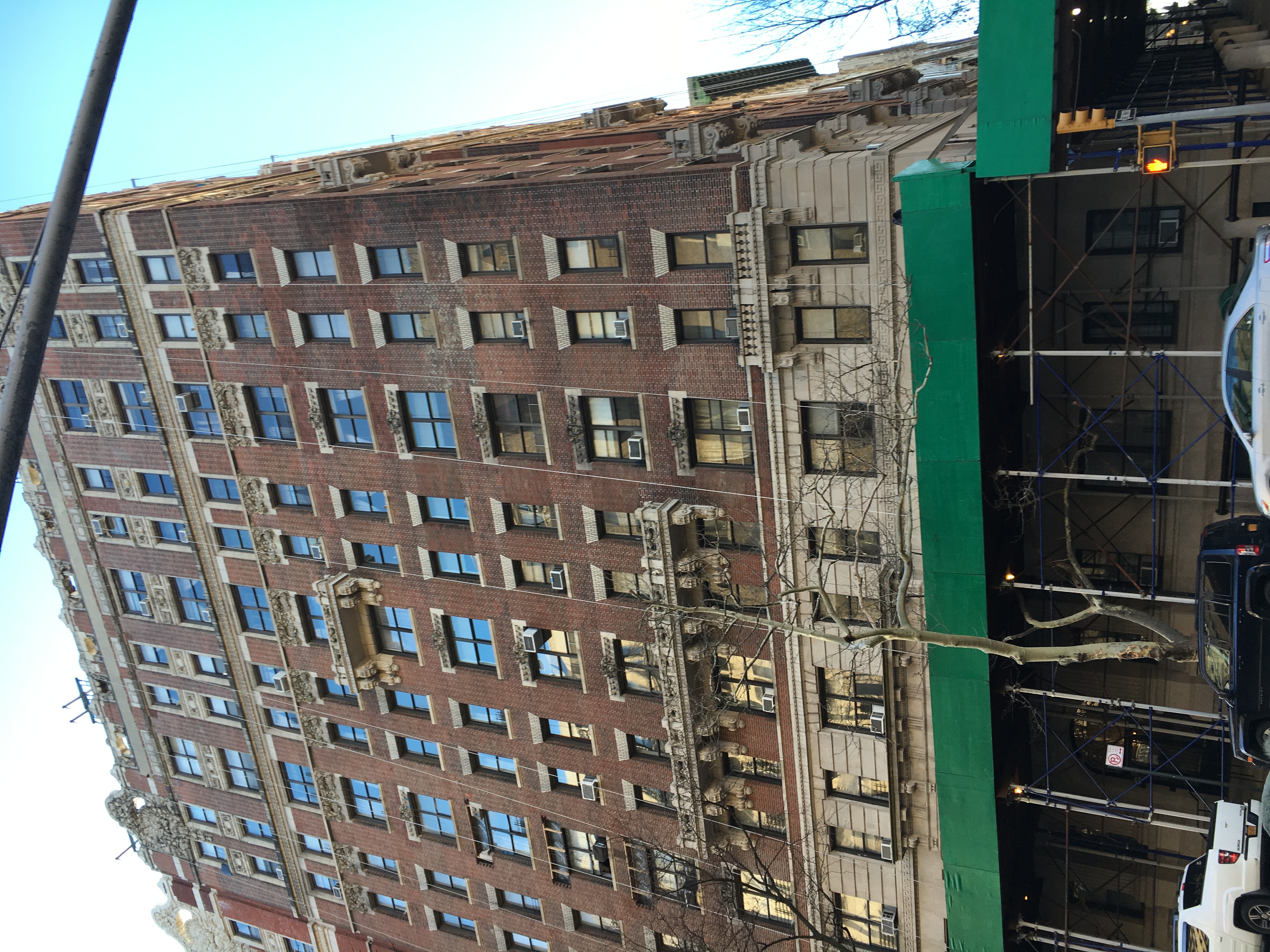 Pipe scaffolding around a building corner on West End Avenue in Manhattan